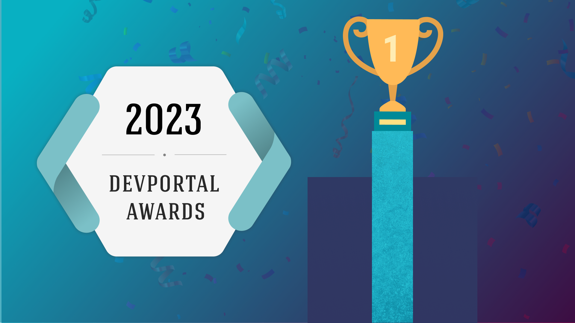 DevPortal awards logo and a trophy on a pillar