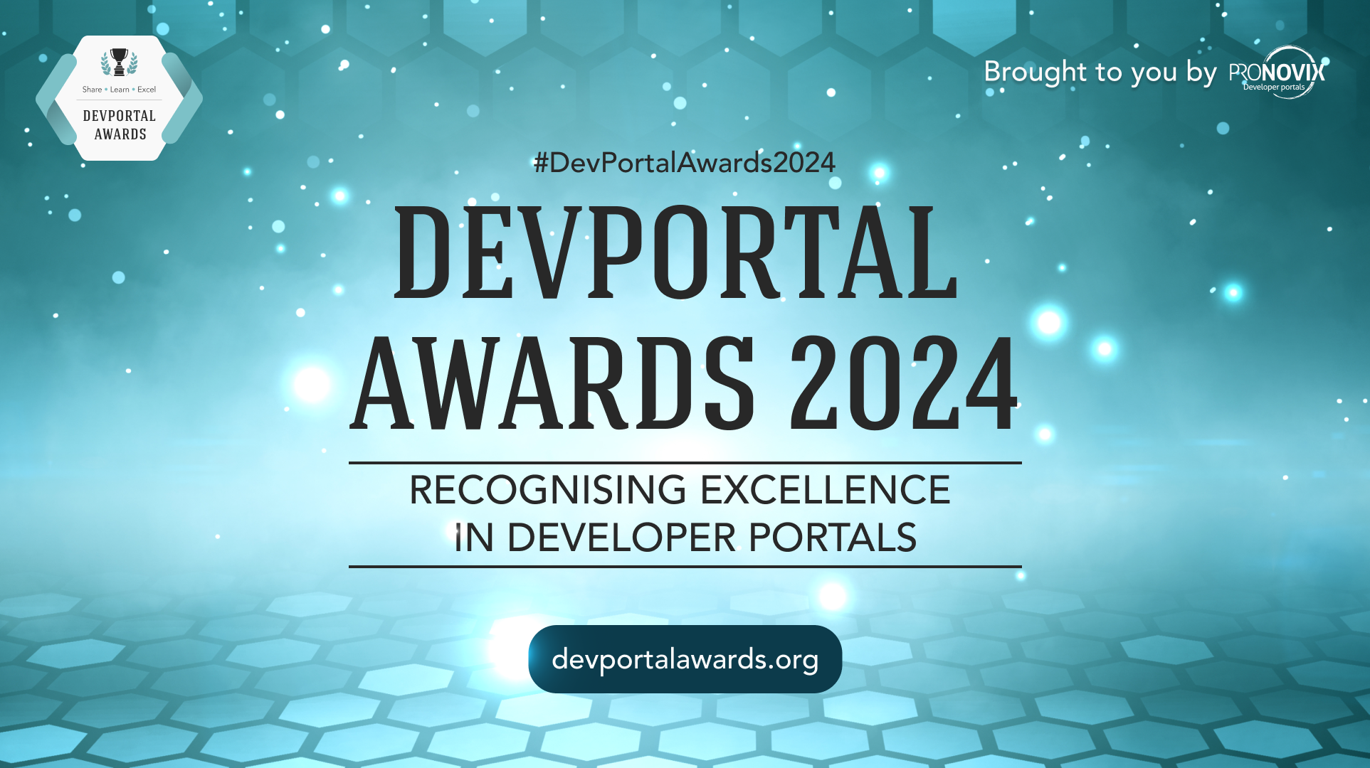 devportal awards motto in a turquoise background with hexagons