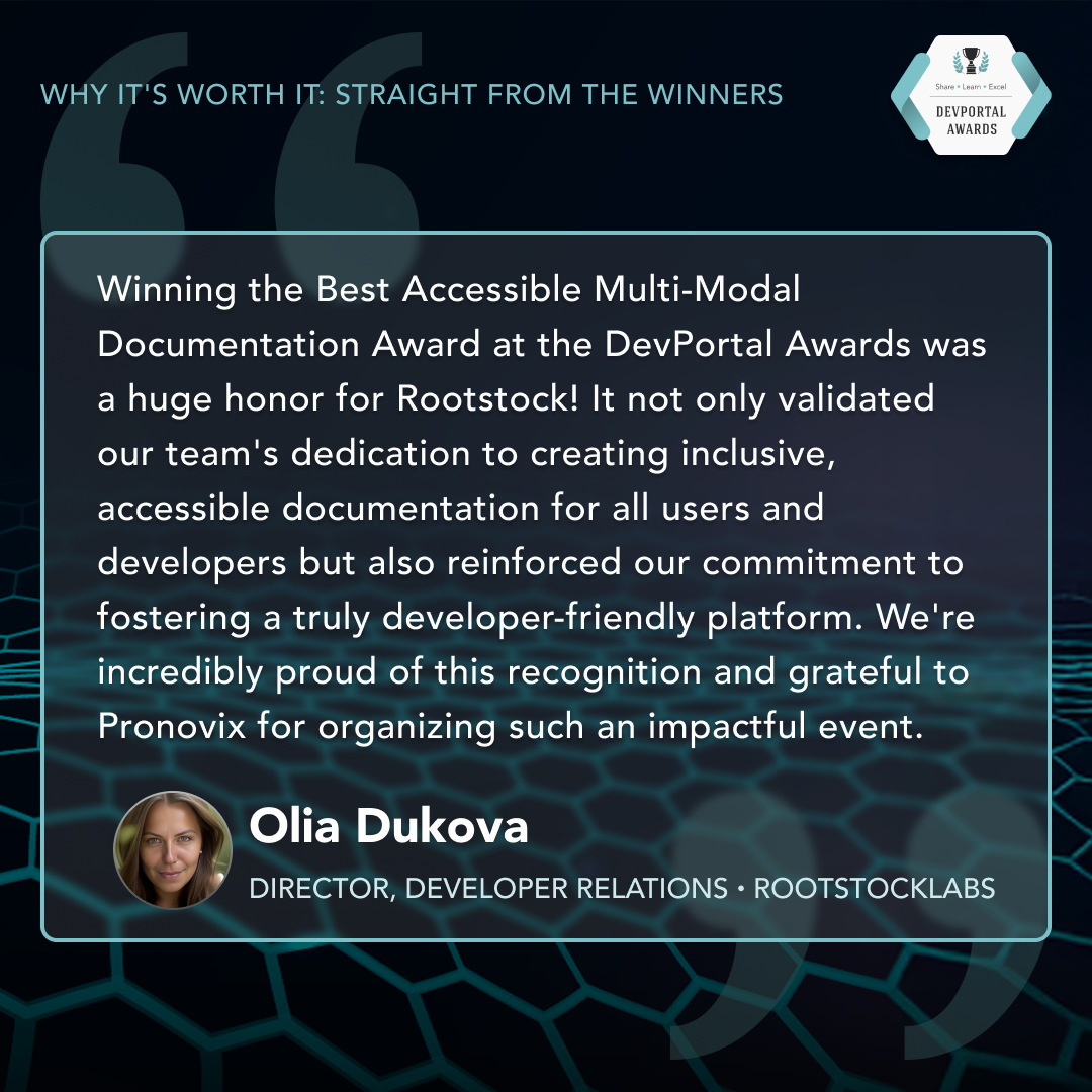 Testimonial from Olia Dukova, Developer Relations Director, RootstockLabs