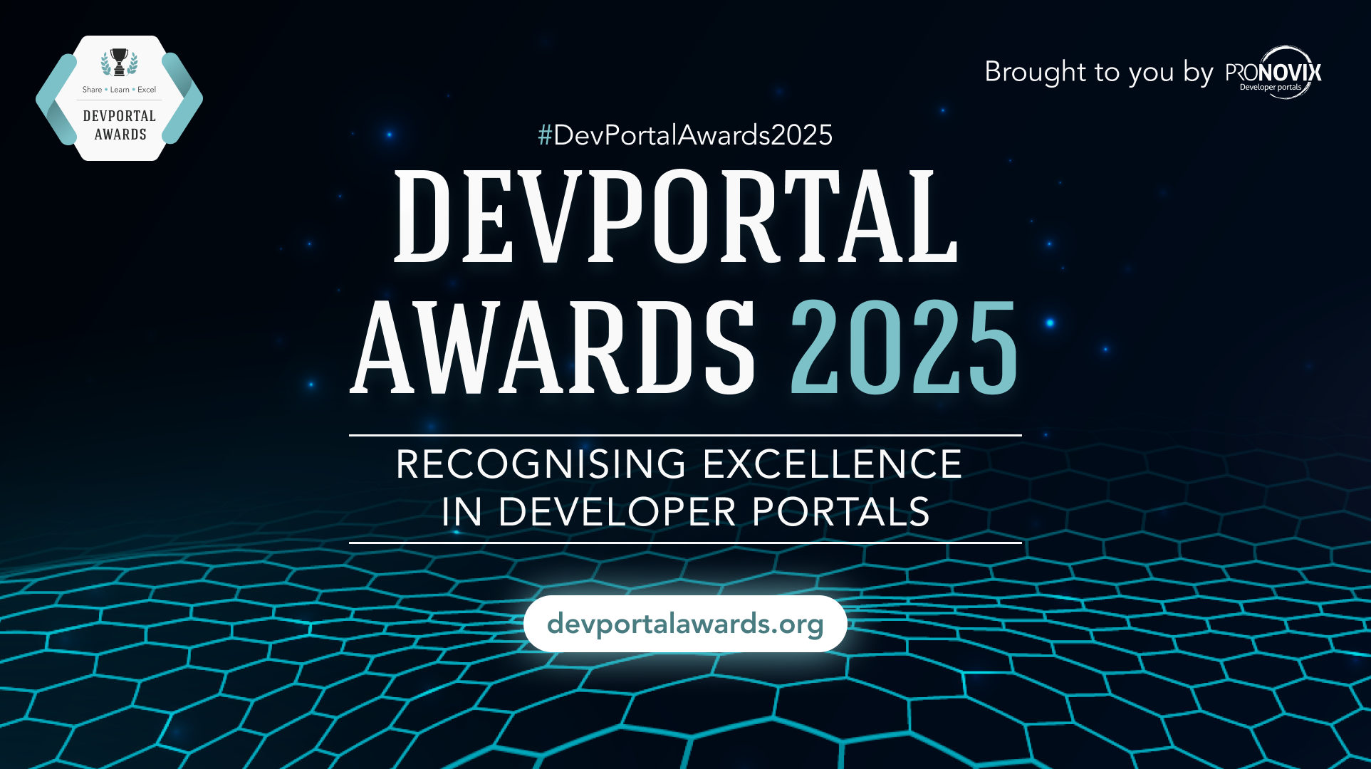 DevPortal Awards logo, motto and webiste URL in a dark background with abstract light blue hexagon grid