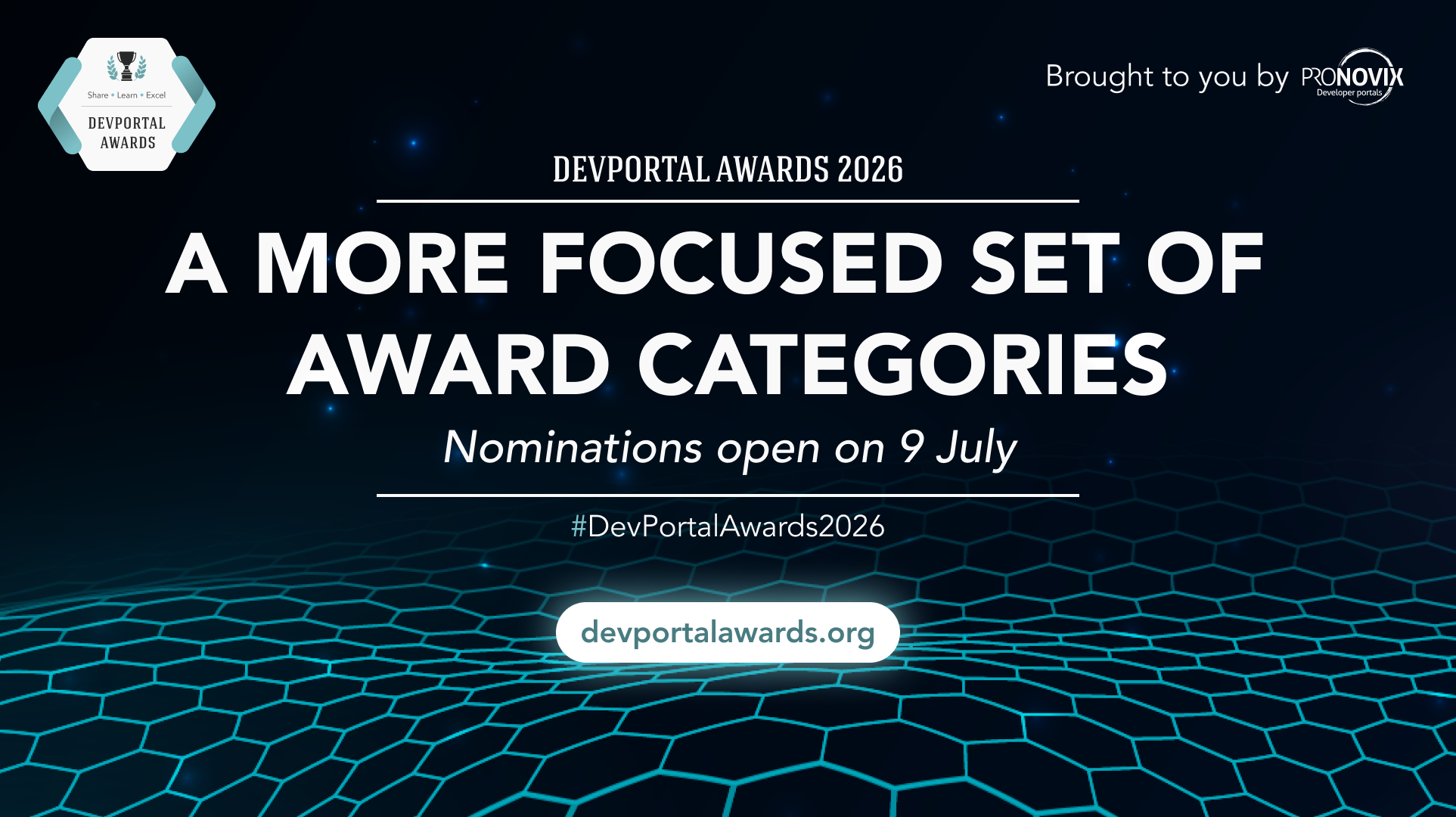 DevPortal Awards logo and announcement in a dark background with a light blue hexagon grid