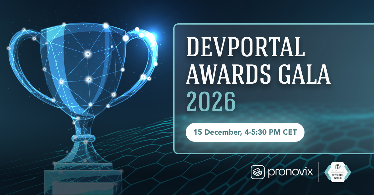 DevPortal Awards online gala date, time, logo information with a glowing, blue,  glass trophy 
