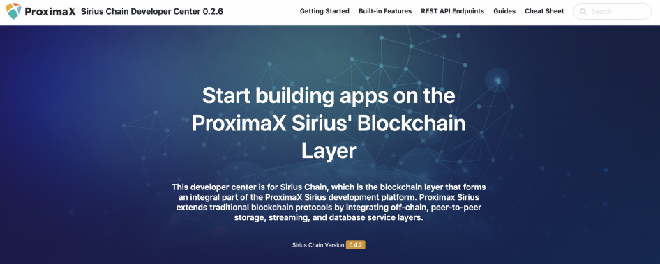ProximaX Sirius Chain Developer Center hero screenshot