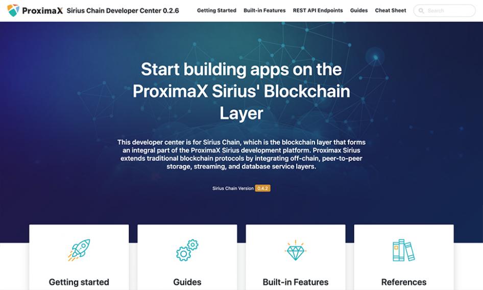 ProximaX Sirius Chain Developer Center hero screenshot