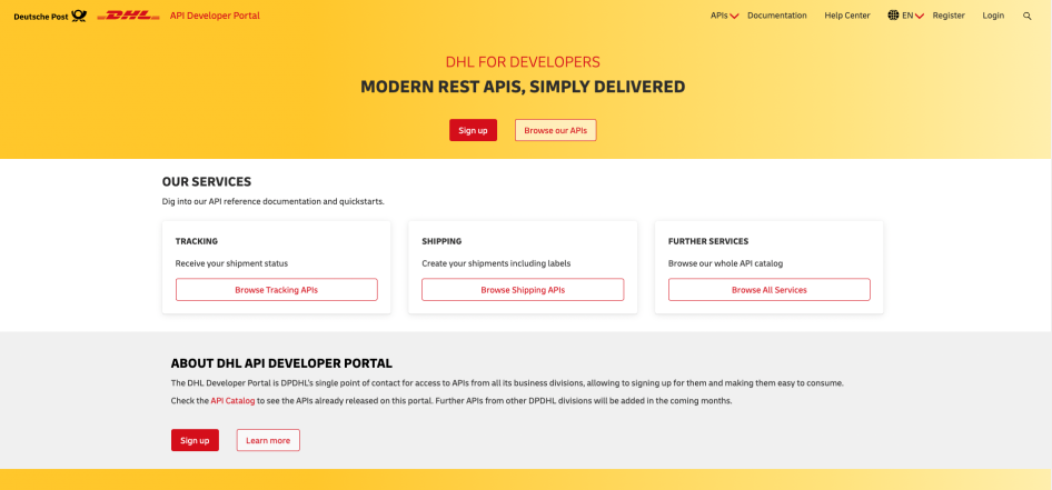 DHL API Developer Portal front page screenshot