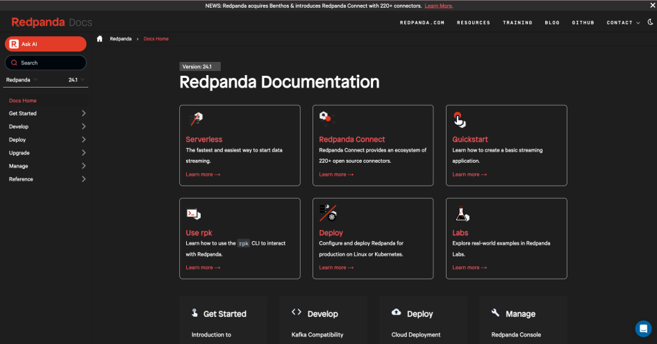 Redpanda Docs home page screenshot