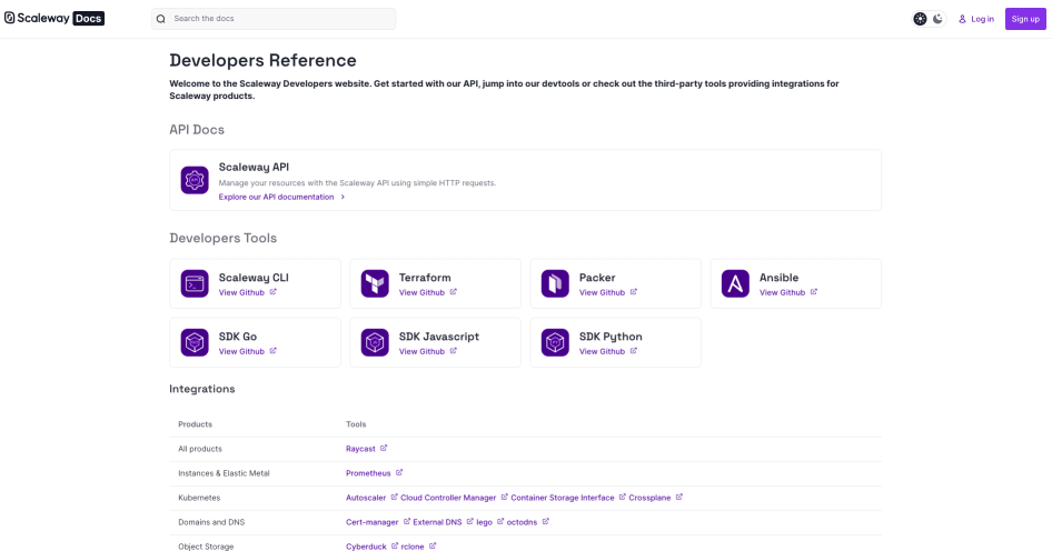 Scaleway Developers Reference home page screenshot