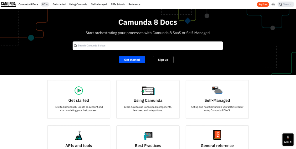 Camunda Docs Home page screenshot