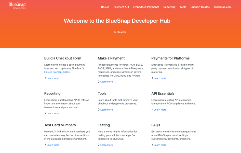 BlueSnap Developer Hub Home page screenshot