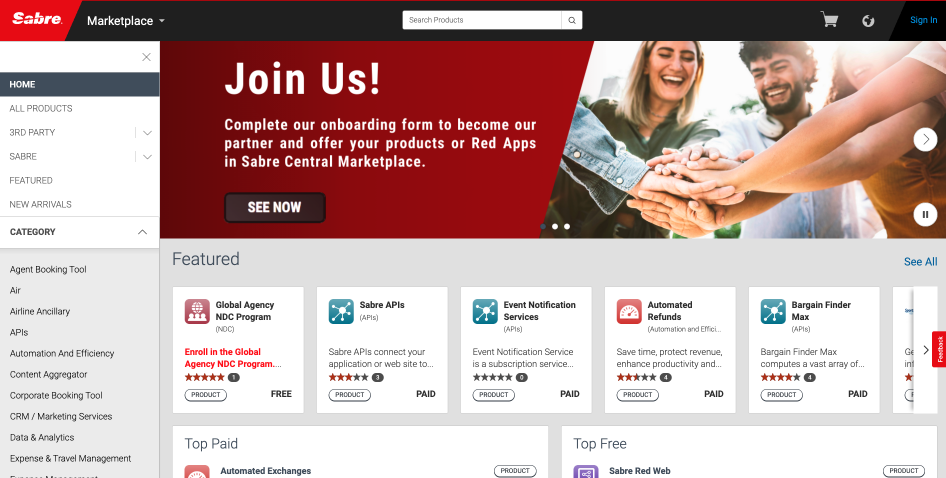 Sabre Central Marketplace Home page screenshot