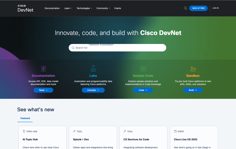 Cisco DevNet Developer Portal Home page screenshot