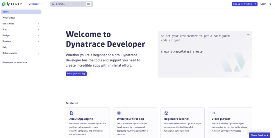 Dynatrace Developer Home page screenshot