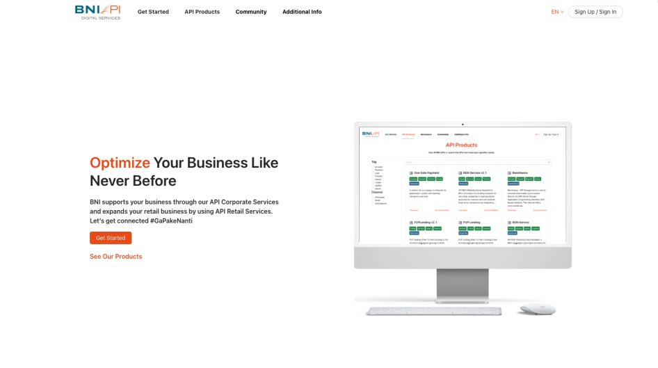 BNI API Portal - Digital Services Home page screenshot