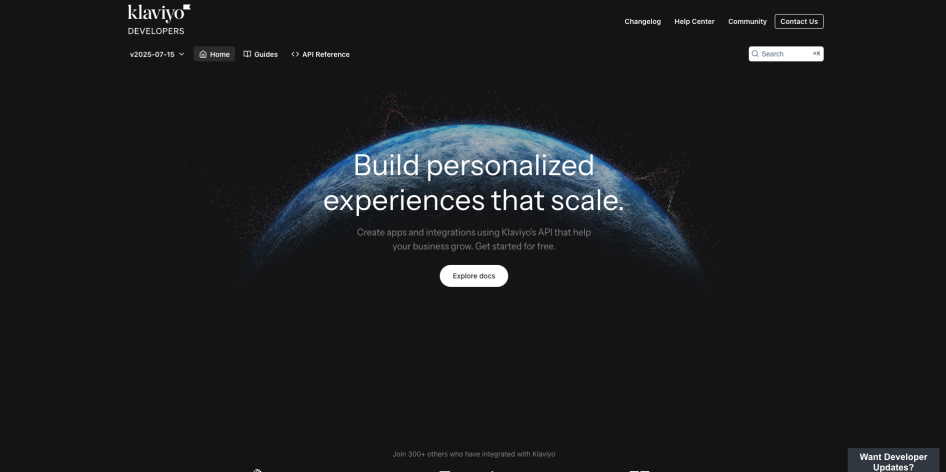 Klaviyo Developer Portal Home page screenshot