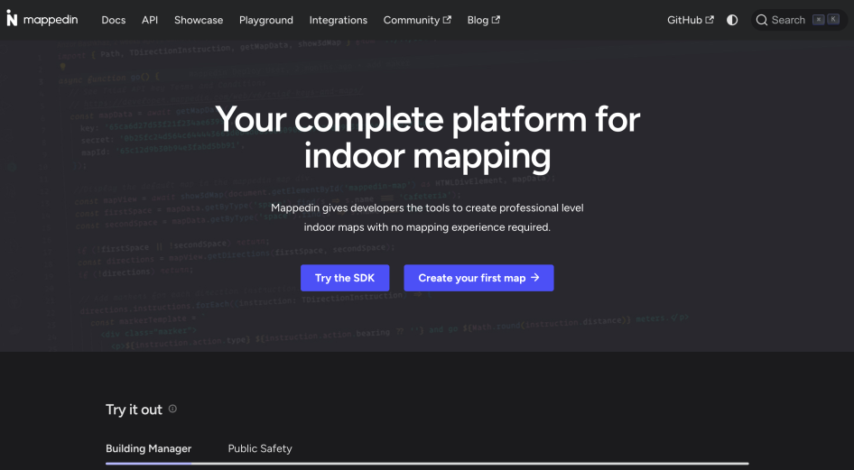 Mappedin Developer Portal Home page screenshot