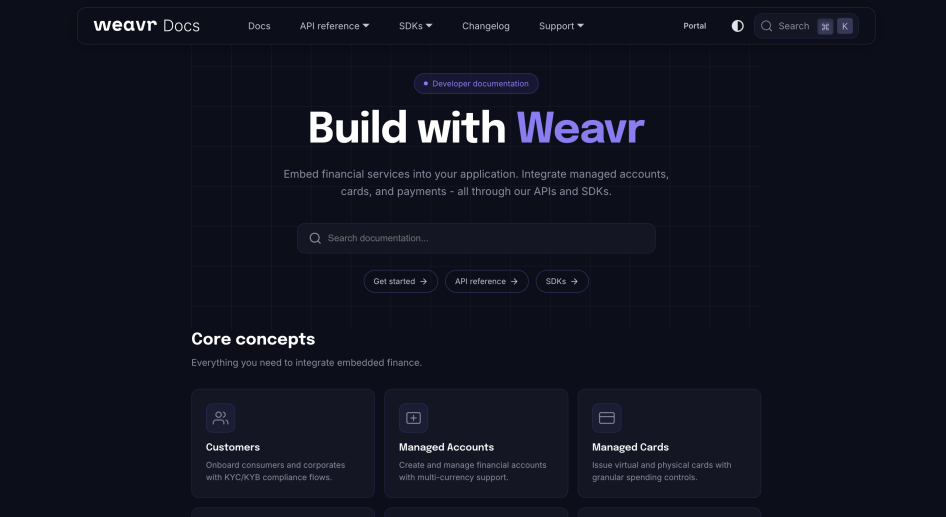 Screenshot of Weavr Docs Home page header