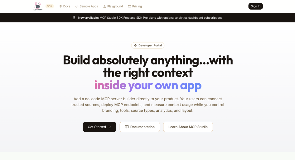 Screenshot of MCP Studio SDK Home page header