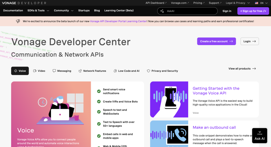 Screenshot of Vonage API Developer Portal Home page header