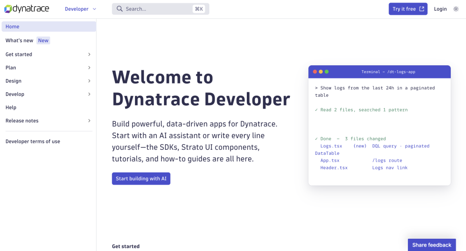 Screenshot of Dynatrace Developer's hero section