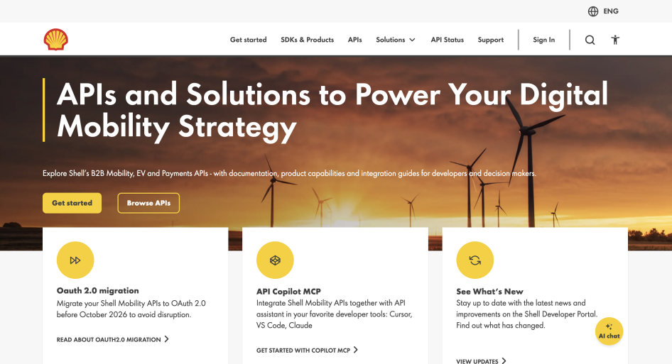 Screenshot of Shell Developer Portal's hero section