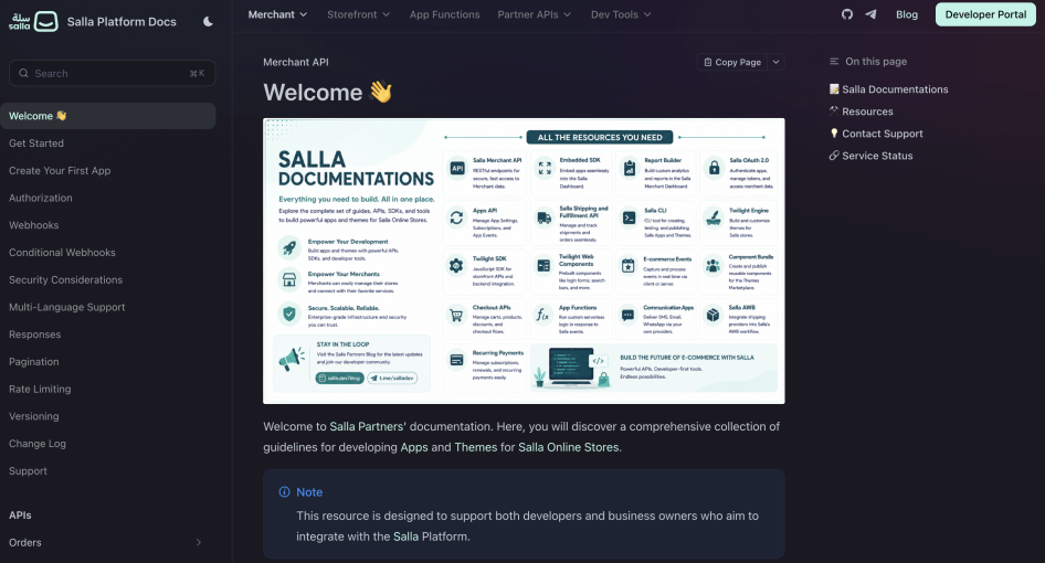 Screenshot of Salla Platform Docs hero section