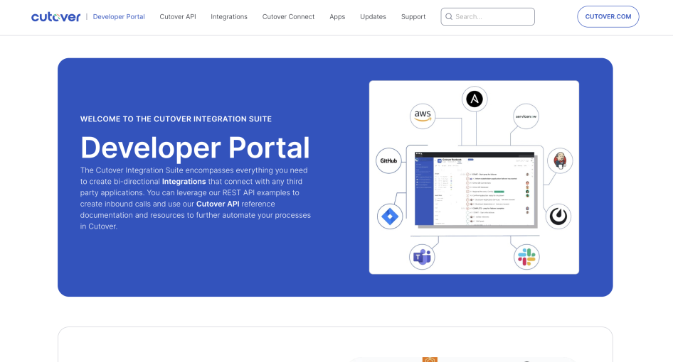 Screenshot of Cutover Developer Portal Home page