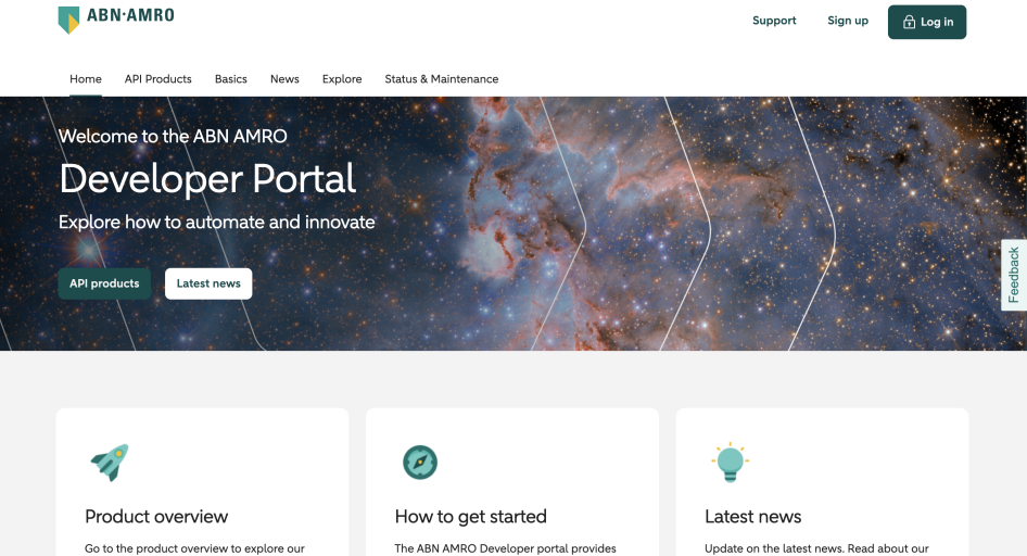 Screenshot of ABN Amro Developer Portal's header