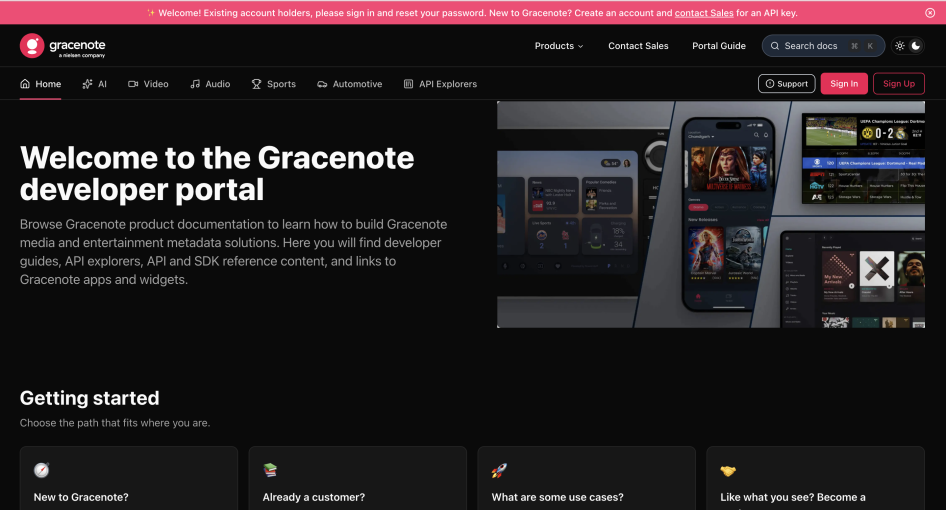 Screenshot of Gracenote Developer Portal's header