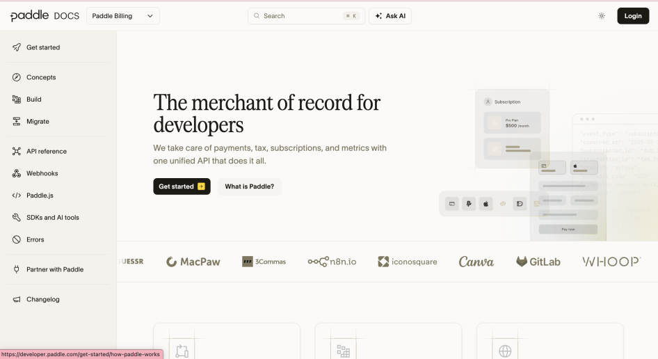 Screenshot of Paddle Docs' header