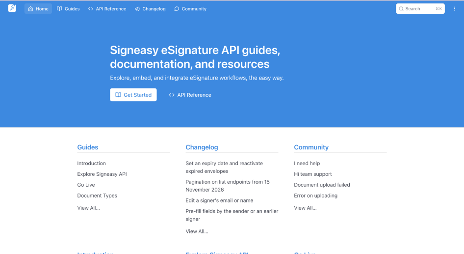 Screenshot of Signeasy's Developer Portal Home page header