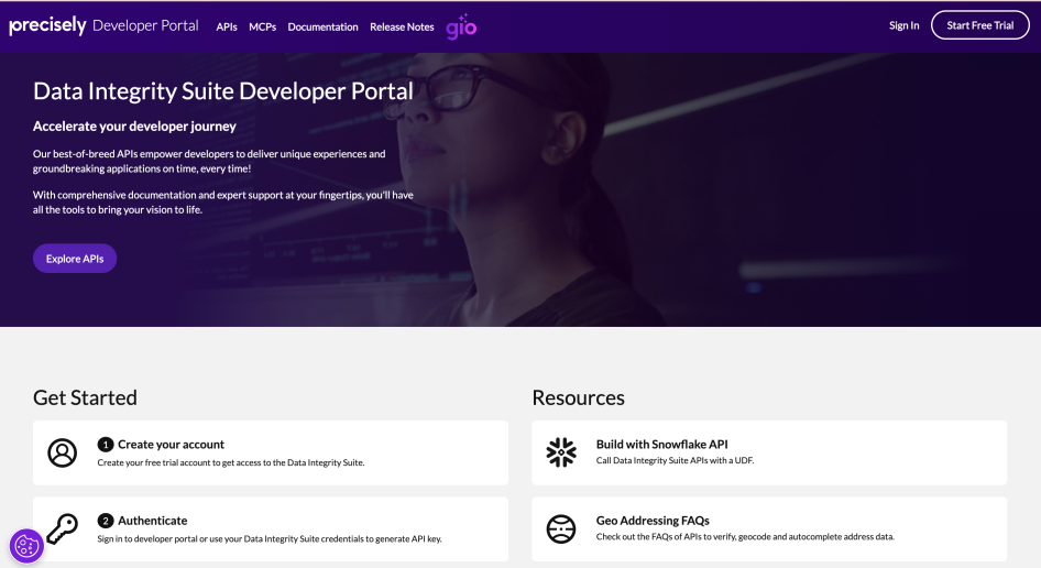 Screenshot of Precisely Developer Portal's Home page header