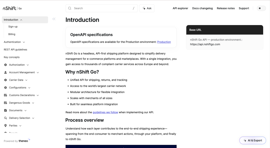 Screenshot of nShift Go Documentation's Home page header