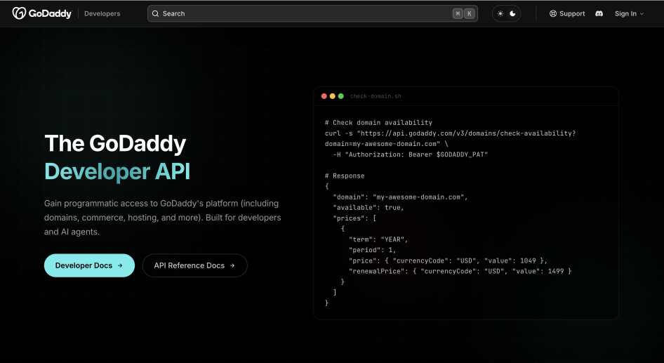Screenshot of GoDaddy Developer Portal's Home page header
